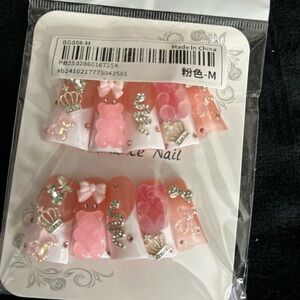 Pink and White Acrylic Press On Nail Set, with beautiful Rhinestone and jewelry
